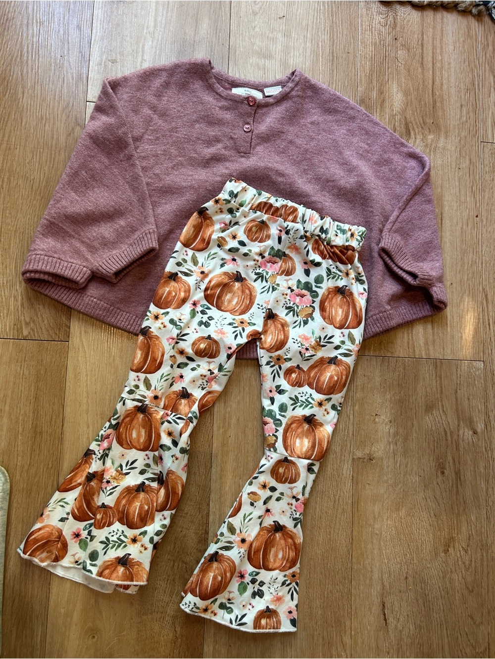 Kids Pumpkin Print Flare Leggings with Zara knit sweater - 2/3 years